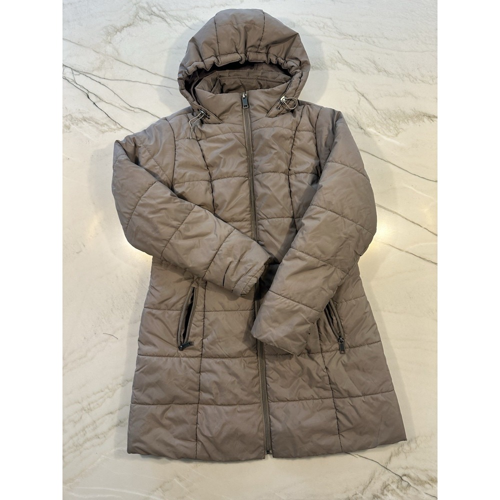 Below Zero by Rothschild Women's Hooded Puffer Jacket Taupe Size S Full Zip Coat